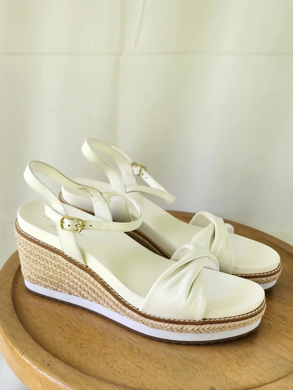 Linea Paolo Verona White Wedge Sandals with Knotted Front and Ankle Strap